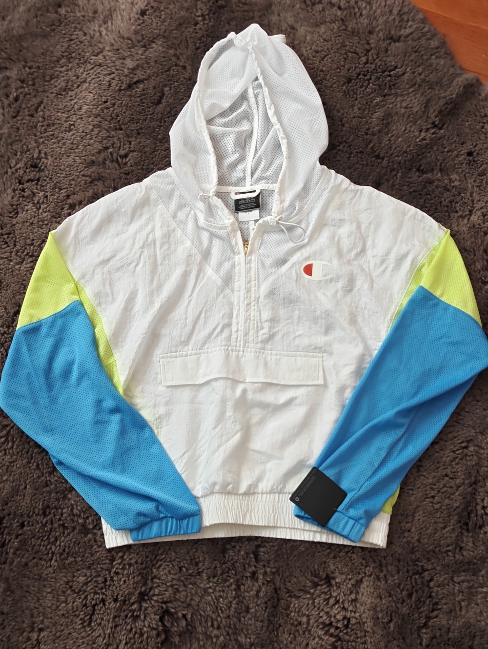 Champion White Hooded Pullover with Blue Sleeves and Neon Yellow Panels